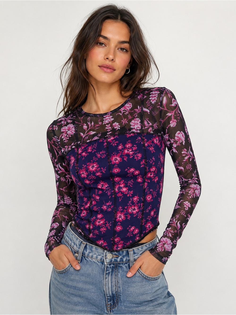 Free People Betty’s Garden Floral Mesh Corset Top Size S